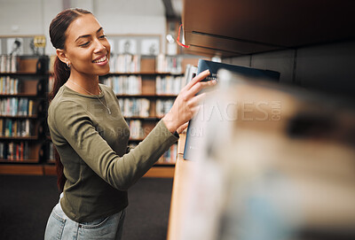 Buy stock photo Student search bookshelf for books in library for education, knowledge and learning about history, philosophy and language study. Happy woman with book for reading, studying and project research