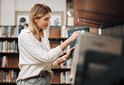 Buy stock photo Bookshelf, search and woman at library for free learning, knowledge and education with studying, mind development and school. University student with language, history or creative research and books