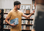 Bible, university or student in a library to research spiritual religion knowledge, prayer or Christianity by bookshelf. Nerd, school, focused young man in college studying or learning faith in God