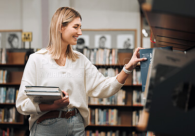Buy stock photo Girl, student and search books in library for education, knowledge and learning. Happy young woman at university, college and bookshelf for reading, studying at campus and doing research for project 
