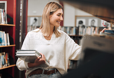 Buy stock photo University library and woman student with books for knowledge, studying and research. College girl at bookshelf thinking, happy and excited with choice of literature in academic facility.

