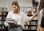 Woman, books and library to search for choice of author, writer or literature education for reading and learning at college. Happy university student with book for research on a bookstore shelf