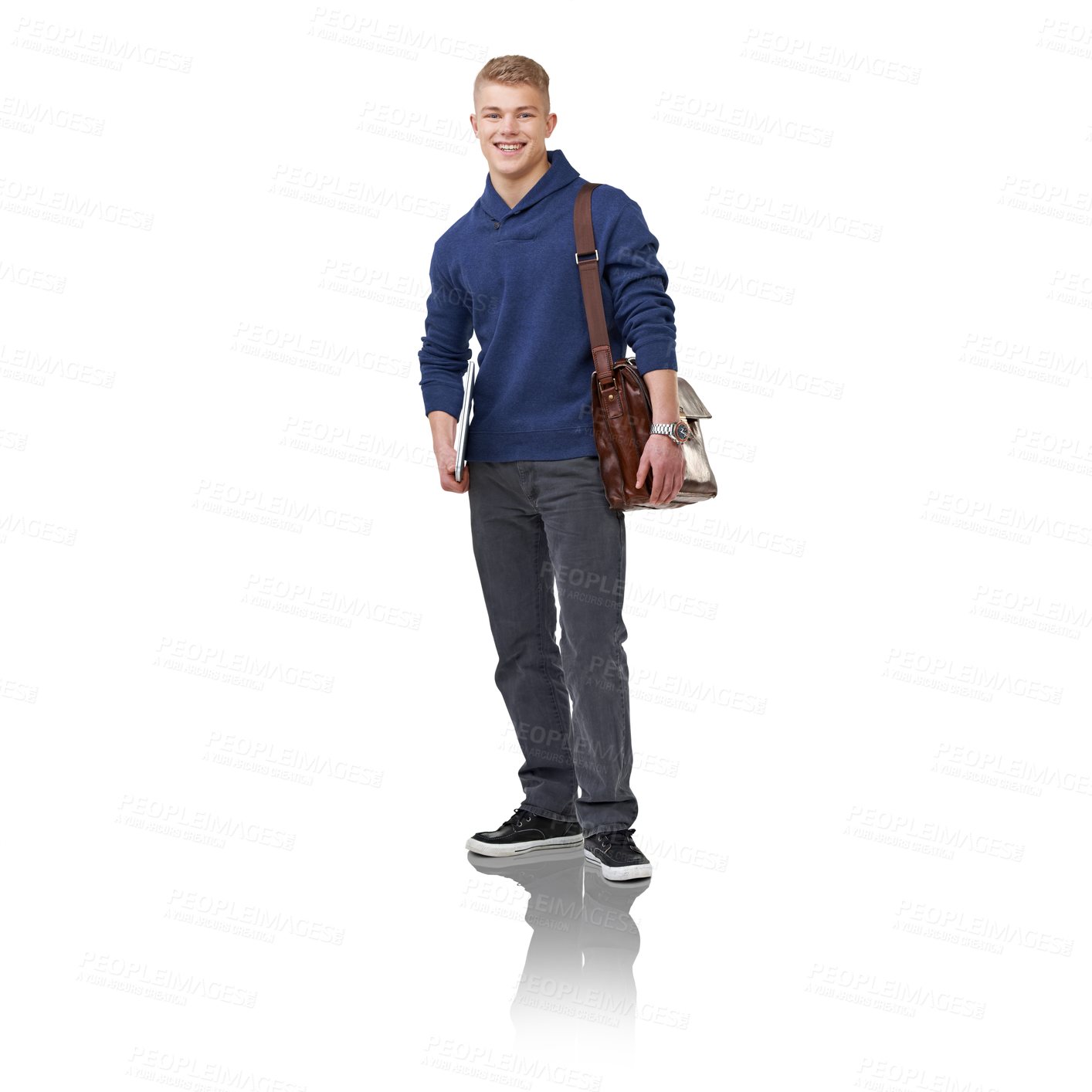 Buy stock photo Education, smile and man student with a briefcase for studying with positive attitude. Happy, college and portrait of young male person in college or university isolated by transparent png background
