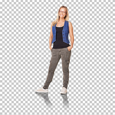 Buy stock photo Fashion, happy and a real confident woman in casual clothes with a smile and positive mindset on a png, transparent and mockup or isolated background. Portrait of a beautiful blonde model
