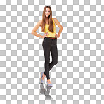 Happy, cute and a teen girl in fashion, casual and trendy clothes with a smile and confident mindset on a png, transparent and mockup or isolated background. Portrait of a real teenager with attitude