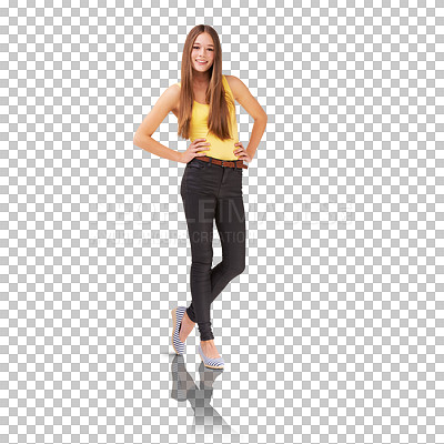 Buy stock photo Happy teen, portrait and fashion in casual and trendy clothes in confidence isolated on a transparent PNG background. Young female person, brunette or model teenager smile posing in stylish clothing