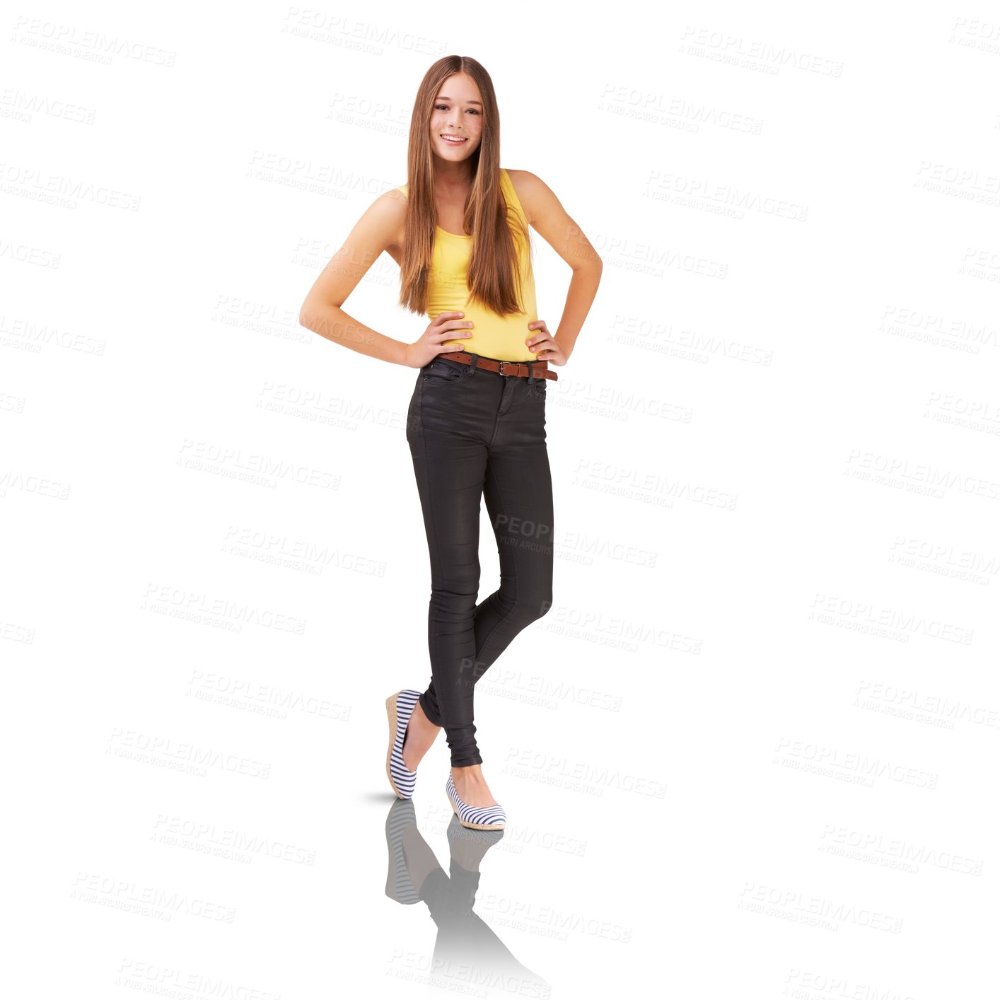 Buy stock photo Happy teen, portrait and fashion in casual and trendy clothes in confidence isolated on a transparent PNG background. Young female person, brunette or model teenager smile posing in stylish clothing