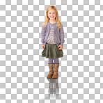 A cute girl child, happy and with a smile looking excited about first day at kindergarten on a png, transparent and mockup or isolated background. Portrait of a real, confident kid from Australia