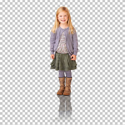 Buy stock photo Smile, style and portrait of girl kid with casual, cool and trendy outfit for children. Happy, cute and model with stylish fashion and positive face expression isolated by transparent png background.