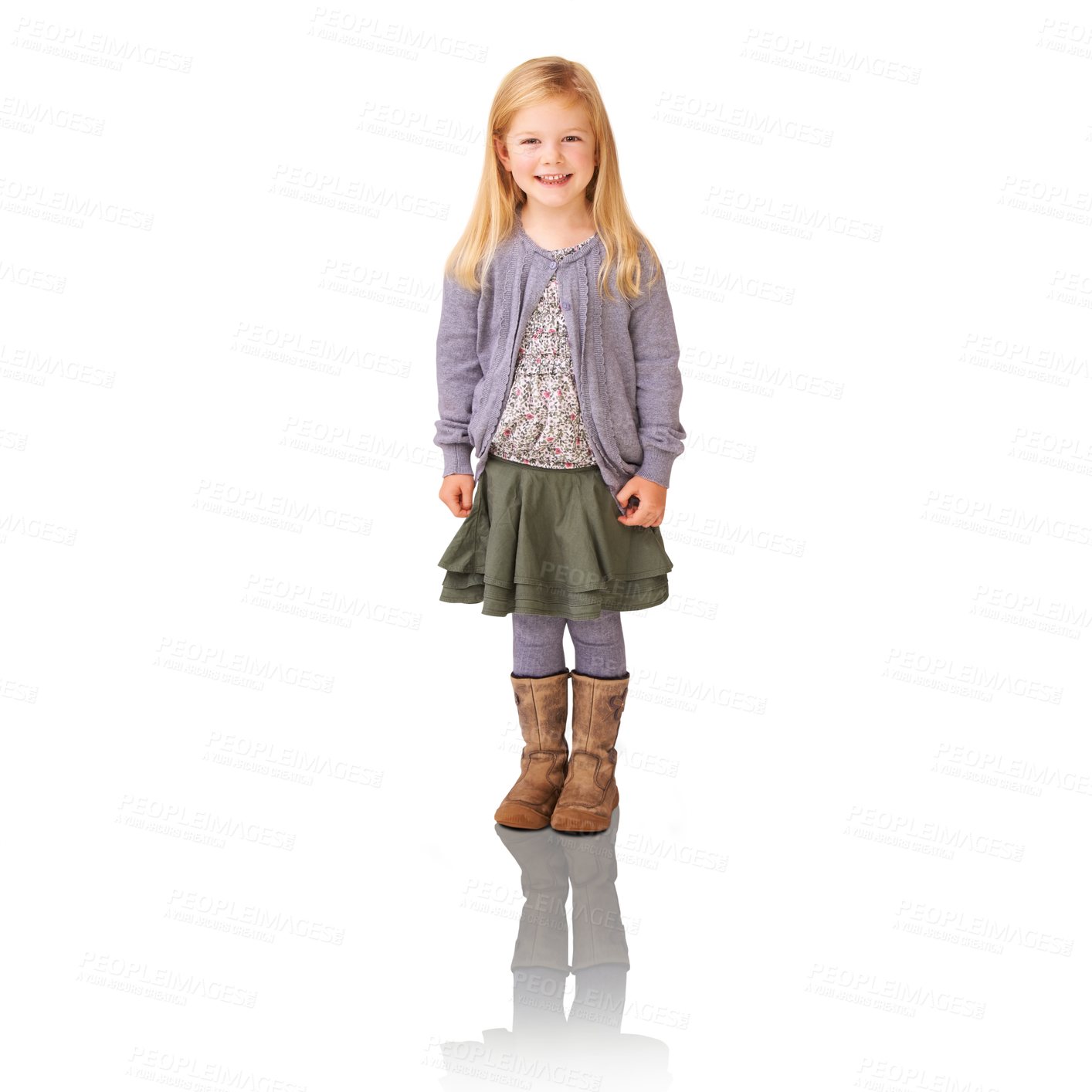 Buy stock photo Smile, style and portrait of girl kid with casual, cool and trendy outfit for children. Happy, cute and model with stylish fashion and positive face expression isolated by transparent png background.