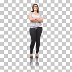 Plus size, natural and a real woman feeling body positive and confident on a png, transparent and mockup or isolated background. Portrait of a happy, normal girl with smile a positive mindset