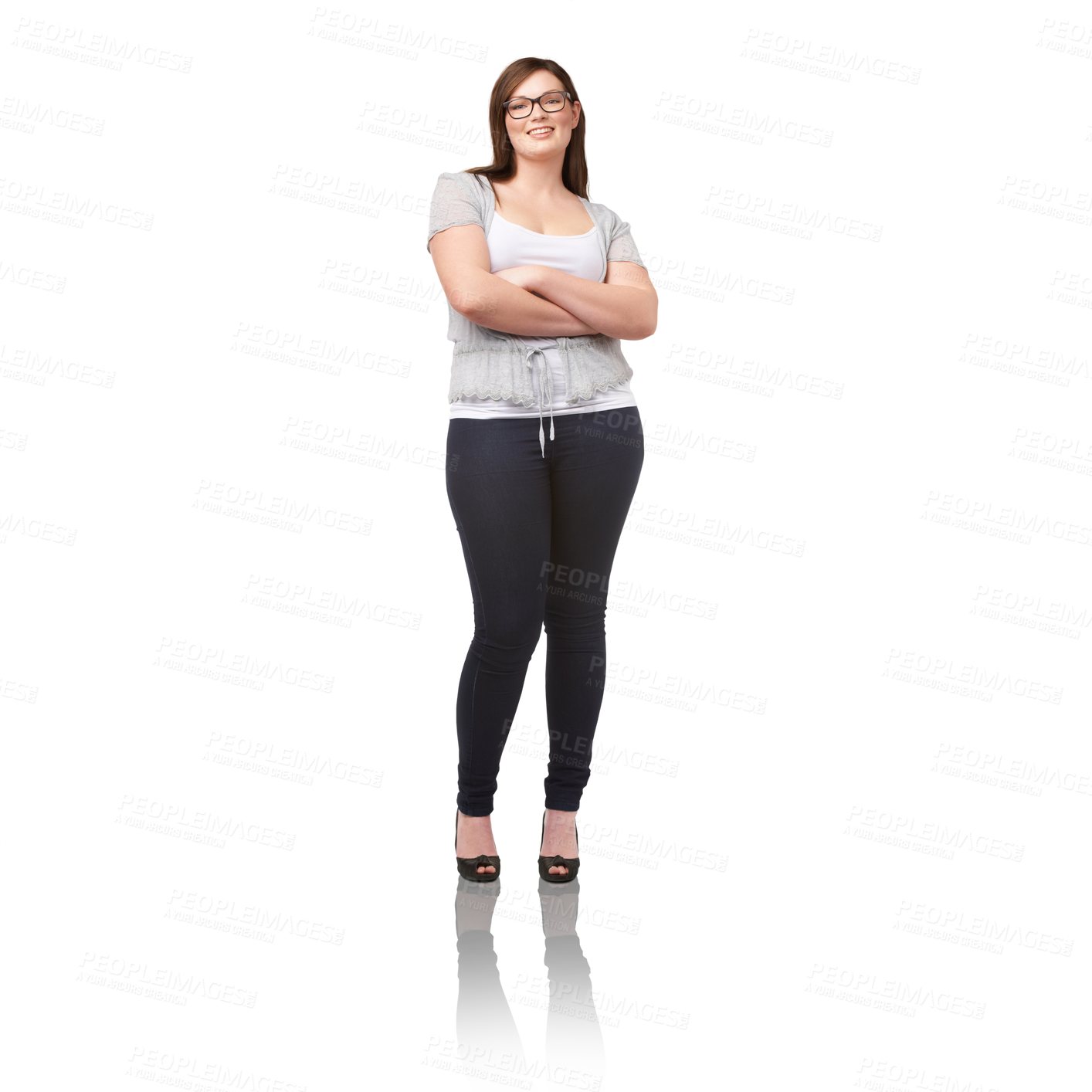 Buy stock photo Portrait, fashion and a plus size woman arms crossed isolated on a transparent background for trendy style. Smile, glasses and a happy young model in eyewear on PNG with a confident attitude