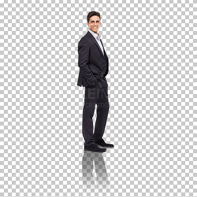 Buy stock photo Business man, suit and pose in professional portrait with smile and hands in pocket on png transparent background. Corporate fashion, entrepreneur and career success with confidence and ambition