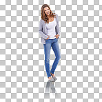 Fashion, happy and a real confident woman in casual, trendy clothes with a smile and positive mindset on a png, transparent and mockup or isolated background. Portrait of a beautiful model