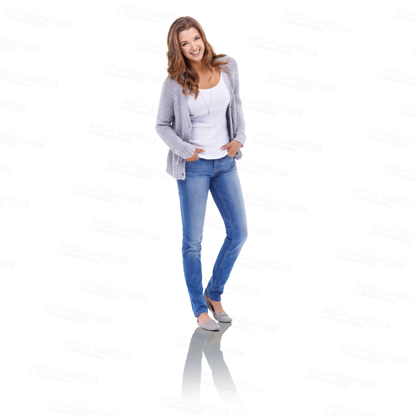 Buy stock photo Happy, fashion and portrait of woman with casual, clothes or confidence on isolated, transparent and png background. Style, smile and fashionable female model posing in comfortable outfit choice