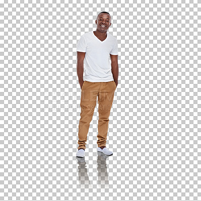 Buy stock photo African man, shirt and fashion with portrait, smile and isolated by transparent png background. Person, model and shoes with edgy clothes, happy and cool with garments for casual outfit with pride