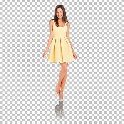 Buy stock photo Happy woman, portrait and fashion with dress in style or confidence on a transparent PNG background. Female person or young model with smile for casual clothing, high heels or trendy summer clothes