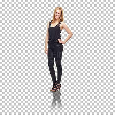 Buy stock photo Happy, fashion and woman with style, confidence or cool clothes on isolated, transparent or png background. Smile, fashionable and female model with positive attitude, good mood or edgy outfit choice