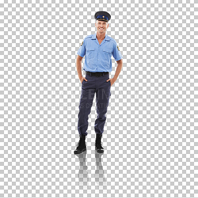 Buy stock photo Man, police and confident smile by studio background in mockup png with uniform for justice to stop crime. Isolated policeman, detective and happy in mock up for law, government service and safety