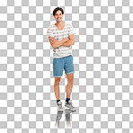 Fashion, style and happy, cool man in casual, trendy clothes with a smile and positive mindset on a png, transparent and isolated or mockup background. Portrait of a real and confident skater
