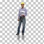 Engineer, architect and black man in building, construction and logistics on a png, transparent and mockup or isolated background. A builder, contractor or manager in architecture and home renovation