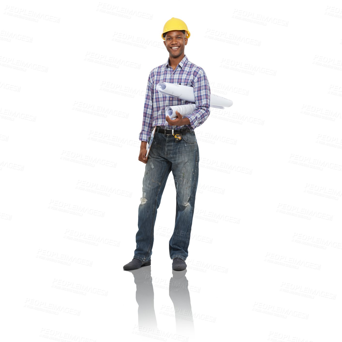 Buy stock photo Engineering, architecture and portrait of black man with blueprint on a png, isolated and transparent background. Construction worker, paperwork and worker for building, inspection and maintenance