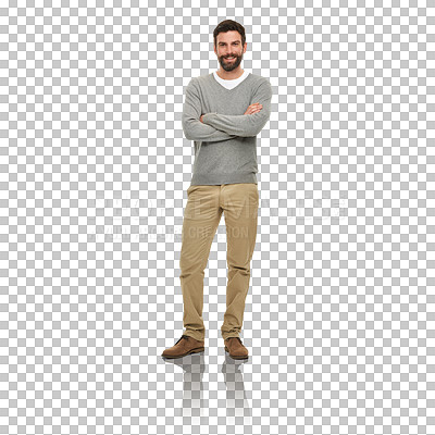 Buy stock photo Fashion, style and portrait of a happy cool man in casual, trendy clothes isolated on a transparent, png background. Confidence, hipster and male person with modern clothing and arms crossed