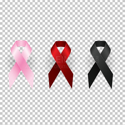 Ribbon for cancer, HIV and grief in red, pink and black as support and a sign or logo on a png, transparent and isolated or mockup background. A vector, icon or design for health care awareness