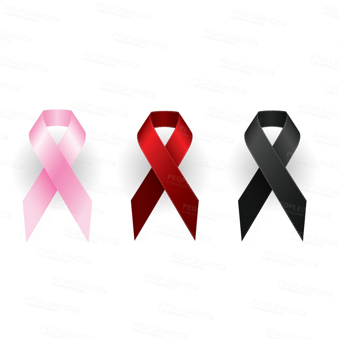 Buy stock photo Ribbon, cancer and HIV with symbol in red, pink and black for support, sign or logo on a transparent PNG background. Isolated icon, vector or bow tie collection of design for healthcare and awareness