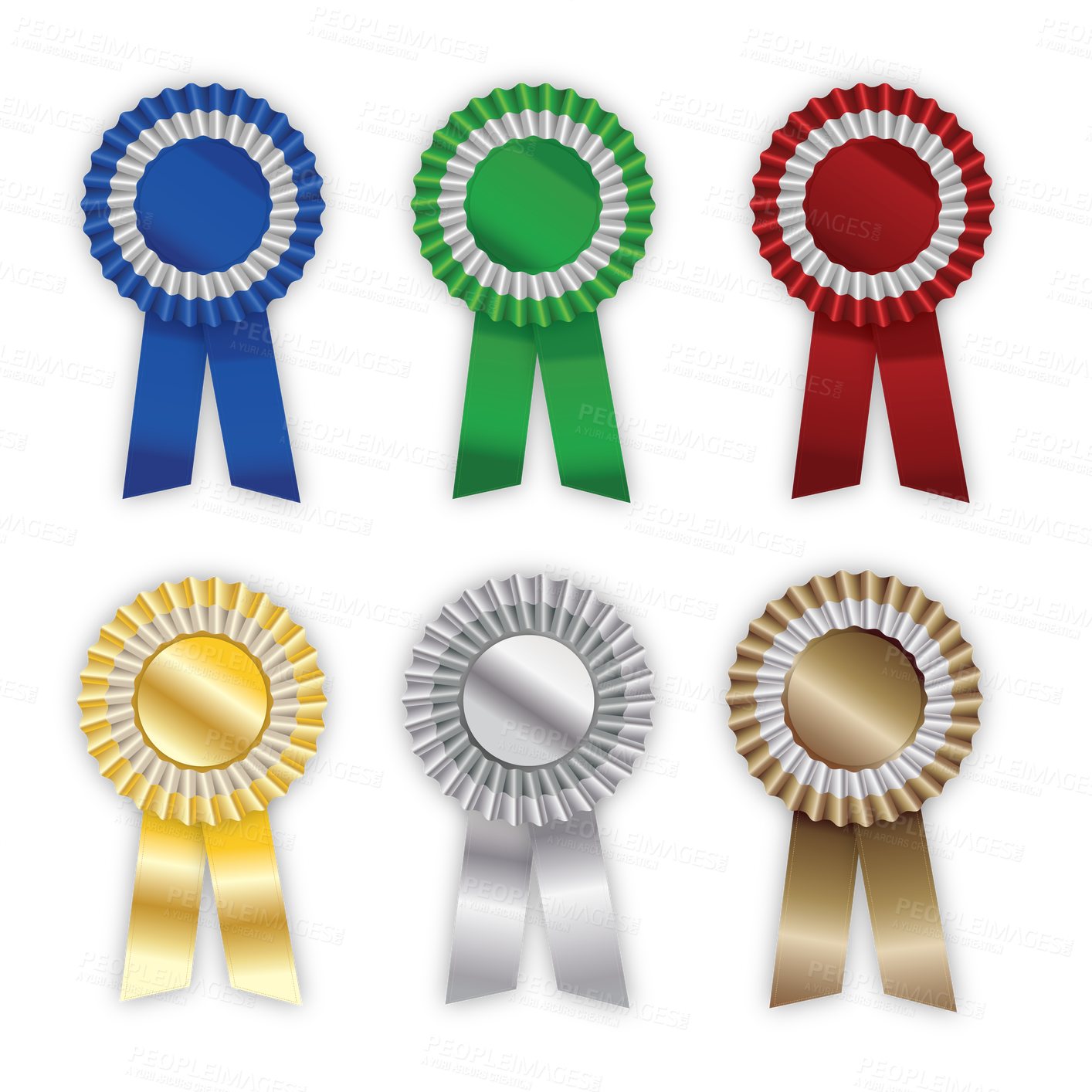 Buy stock photo Award, badge and medal with color ribbon for winning, reward or achievement on a transparent PNG background. Isolated or colorful pendants, symbol or sign for victory, support or accomplishment