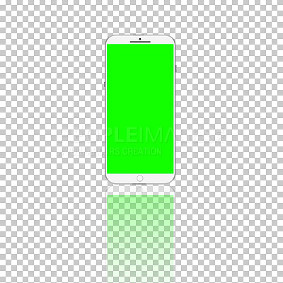 Buy stock photo Smartphone, green screen and mockup space on mobile isolated on a transparent png background. Phone, display or chroma key on cellphone for advertising, marketing or promotion of tech with reflection