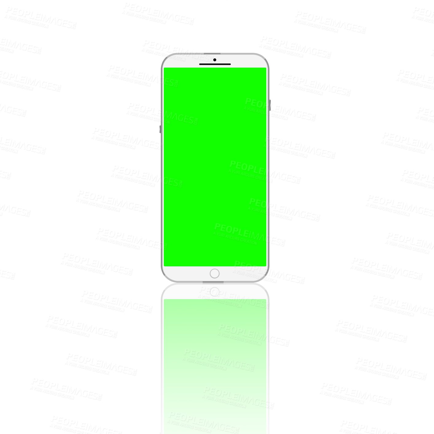 Buy stock photo Smartphone, green screen and mockup space on mobile isolated on a transparent png background. Phone, display or chroma key on cellphone for advertising, marketing or promotion of tech with reflection