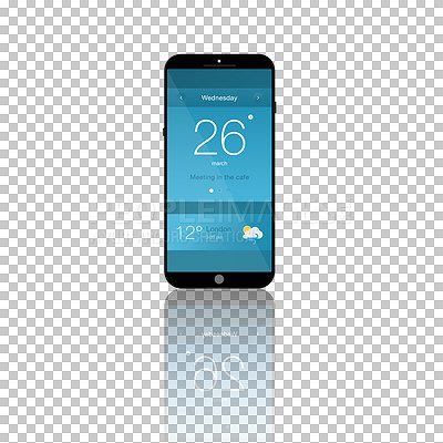 Buy stock photo Phone, screen and mobile ui with technology isolated on a transparent png background. Smartphone, display and cellphone software, calendar and weather app notification on internet with reflection