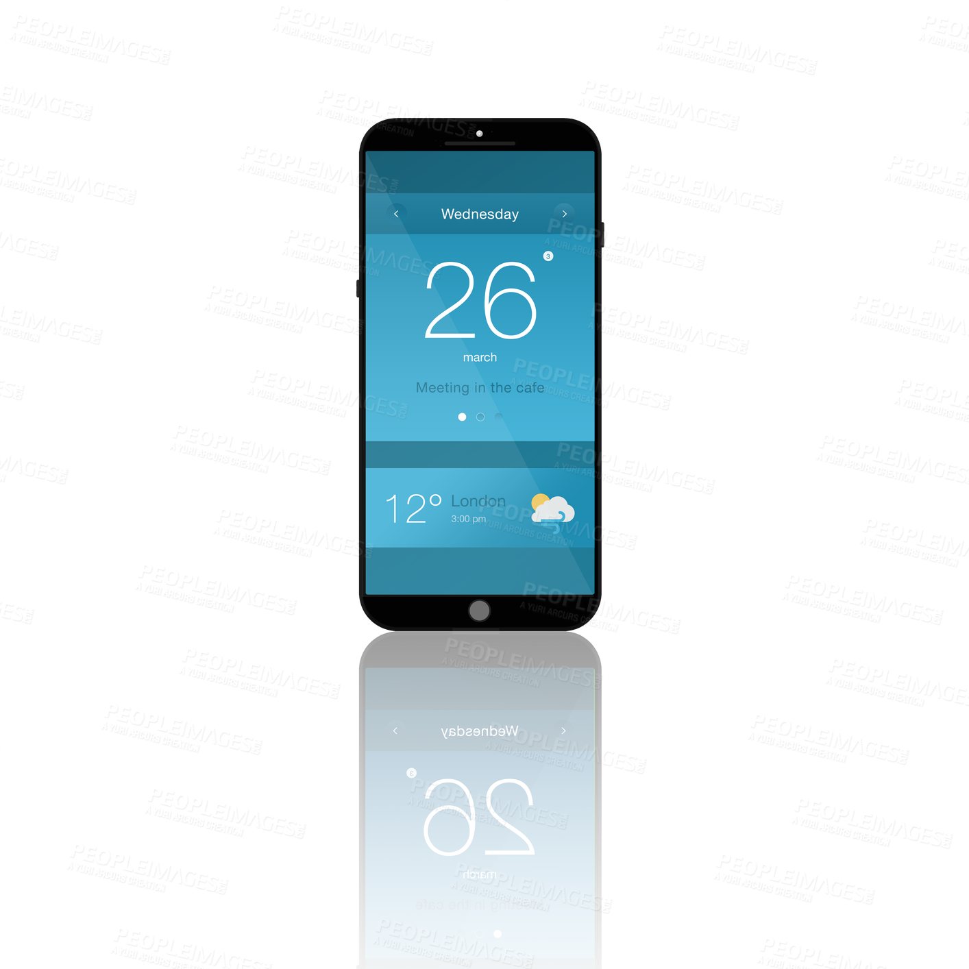 Buy stock photo Phone, screen and mobile ui with technology isolated on a transparent png background. Smartphone, display and cellphone software, calendar and weather app notification on internet with reflection