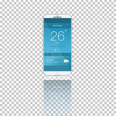 Buy stock photo Smartphone, screen and mobile ui with technology isolated on a transparent png background. Phone, display and cellphone software, calendar reminder and weather app notification online with reflection