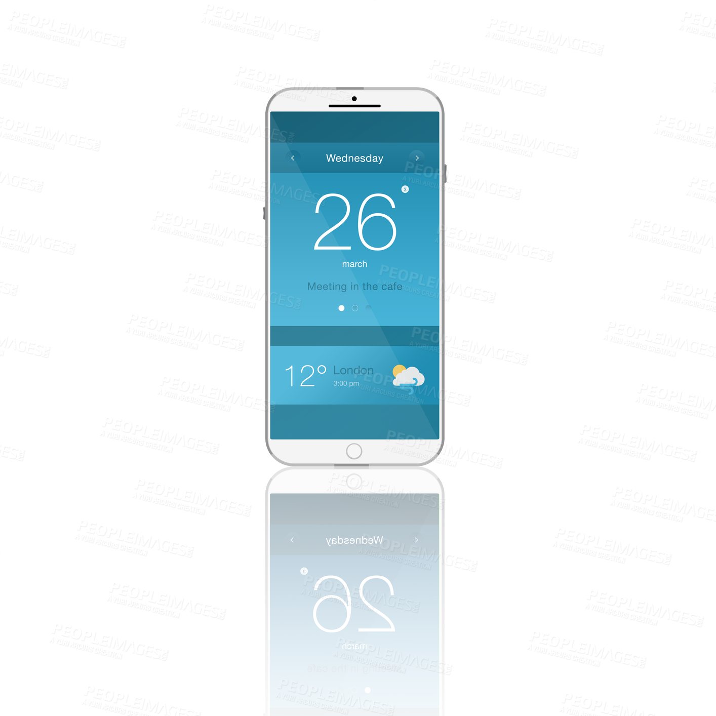 Buy stock photo Smartphone, screen and mobile ui with technology isolated on a transparent png background. Phone, display and cellphone software, calendar reminder and weather app notification online with reflection