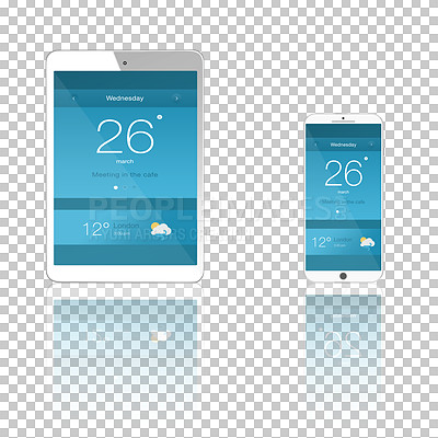 Buy stock photo Smartphone screen, tablet and ui of cellphone isolated on transparent png background. Phone, technology and display of digital electronics, calendar reminder or weather app notification on reflection