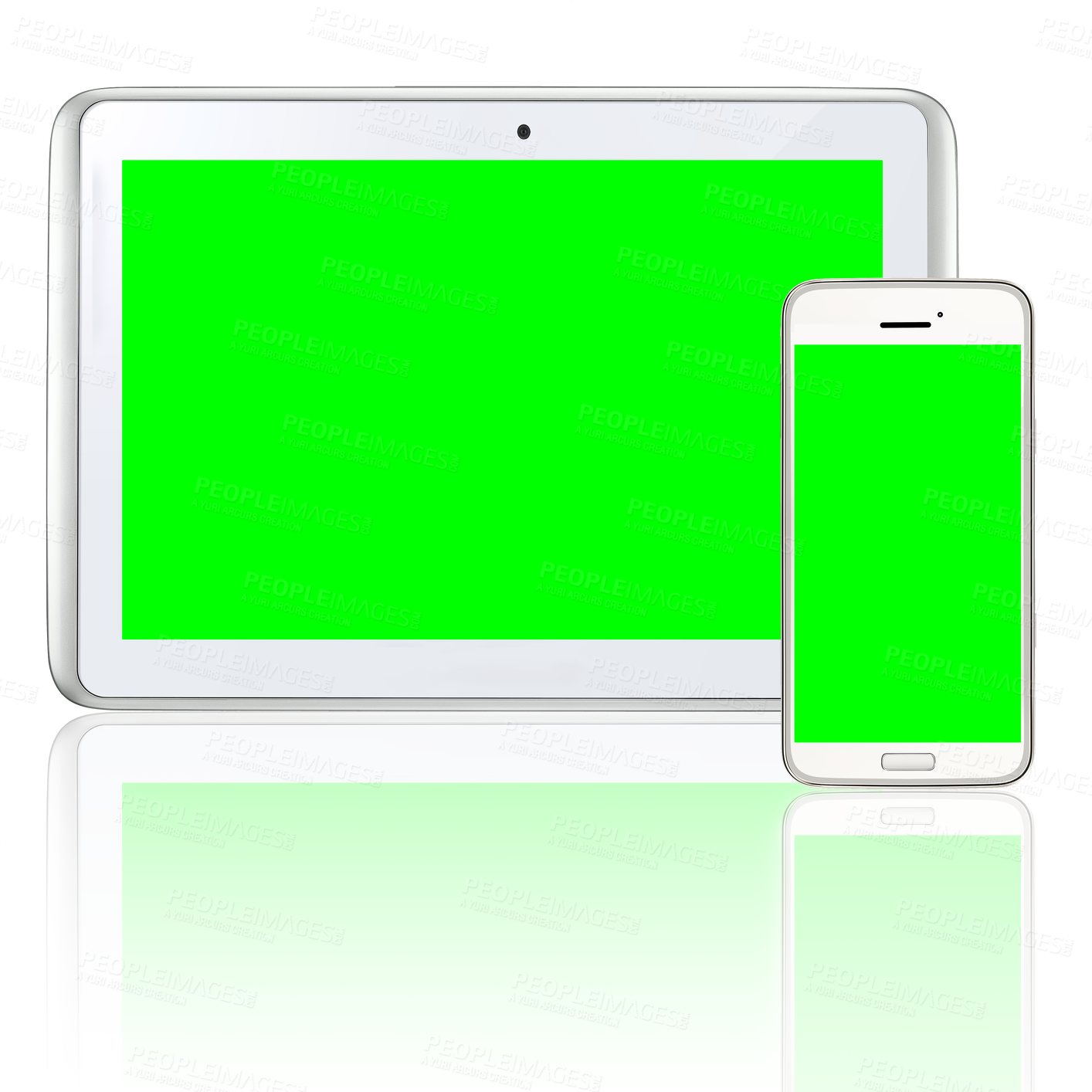 Buy stock photo Phone, tablet and green screen for mockup space on mobile isolated on a transparent png background. Smartphone, display or chroma key on technology for advertising, marketing or promo with reflection