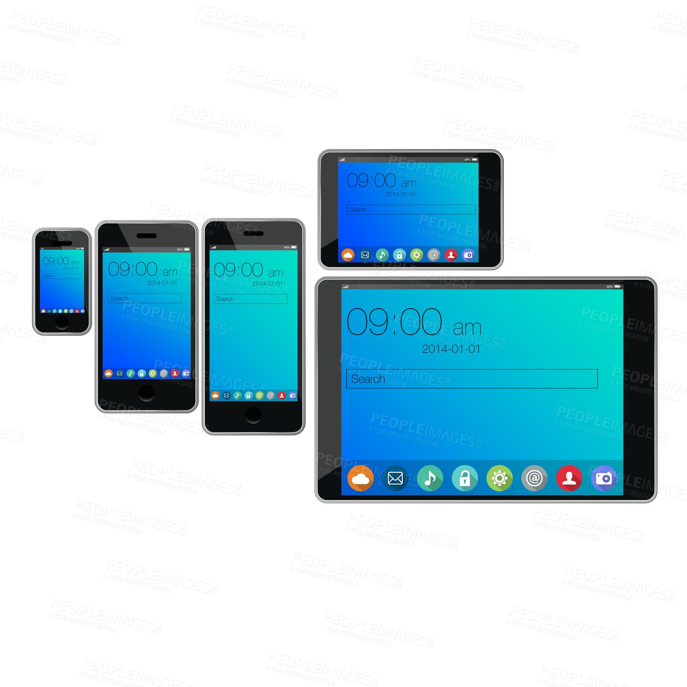 Buy stock photo Smartphone screen, tablet and icons on cellphone isolated on a transparent png background. Phone, technology and display of digital electronics, search bar and app ui with time on mobile software