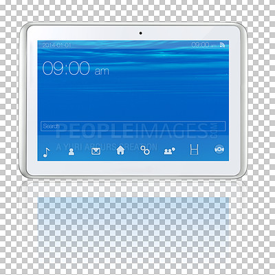 Buy stock photo Tablet, digital screen and ui on technology isolated on a transparent png background. Software, display and icons on electronics, wallpaper and search bar app for time on touchscreen with reflection