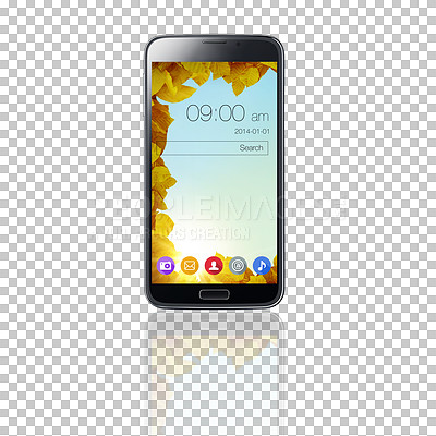 Buy stock photo Phone, screen and mobile ui with technology isolated on a transparent png background. Smartphone, display and cellphone software, search bar and app icons with wallpaper on internet with reflection