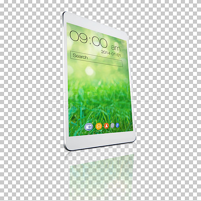 Buy stock photo Tablet, digital screen and ui on technology isolated on a transparent png background. Software, display and icons on electronics, wallpaper and search bar app for time on touchscreen with reflection