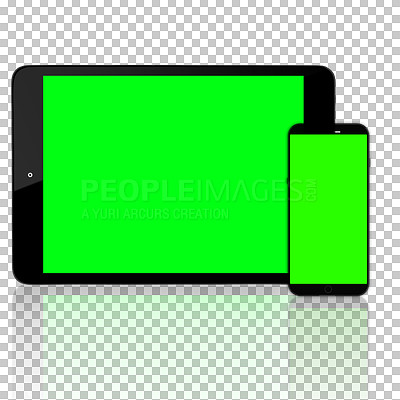 Green screen, phone and mockup space on a tablet screen with technology, 5g internet and an app on a png, transparent or isolated chroma key background. A social media website or brand advertising