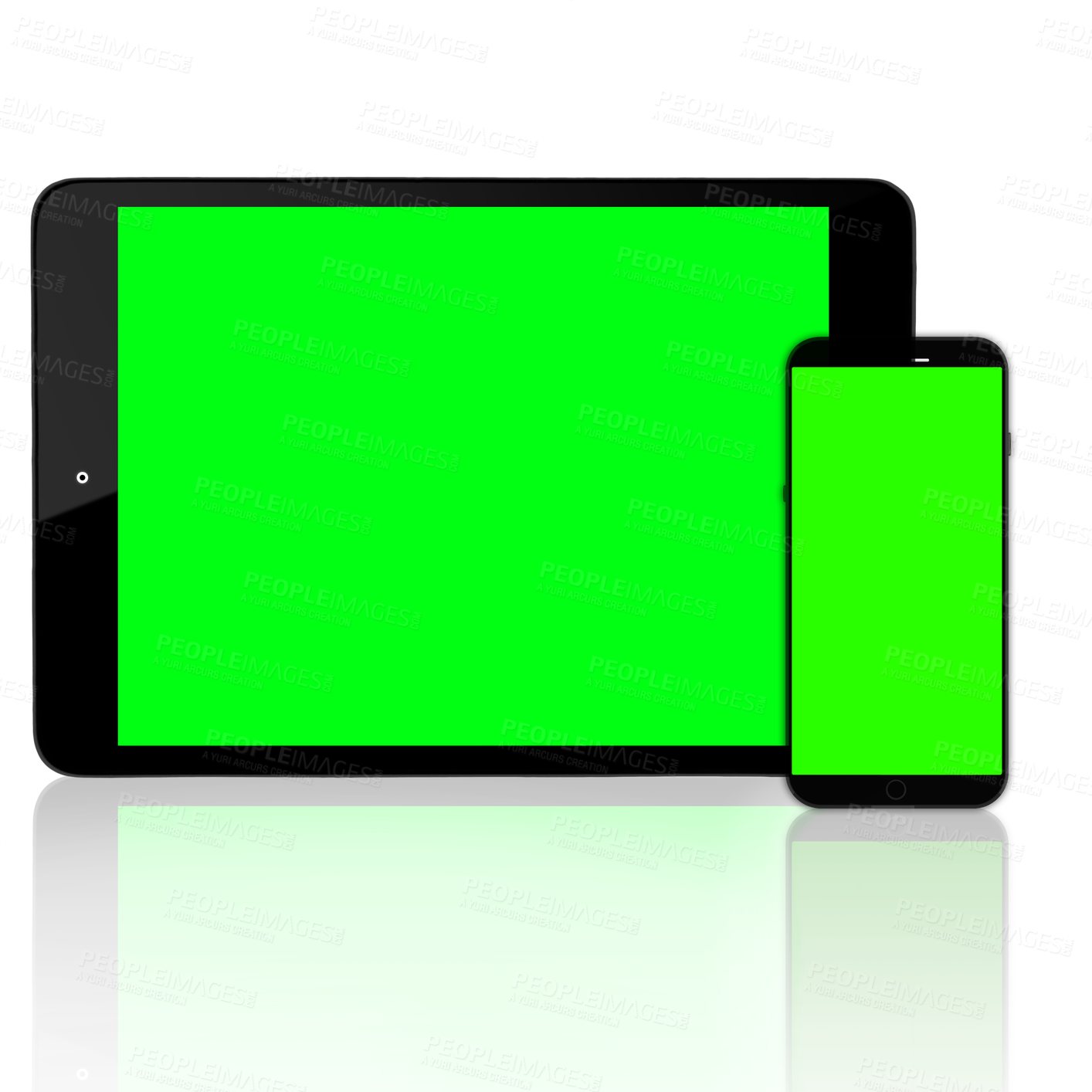 Buy stock photo Green screen, smartphone and mockup space on tablet with technology, internet and app. Social media website or brand advertising for tablet isolated on a transparent, png or chroma key background