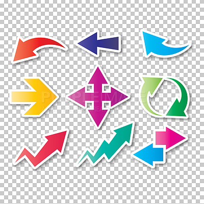 Buy stock photo Creative arrow, icons and sign or graphic for app or website design isolated on a transparent, PNG background. Logo, emoji or color and shape with direction, way and pointing to announcement or news