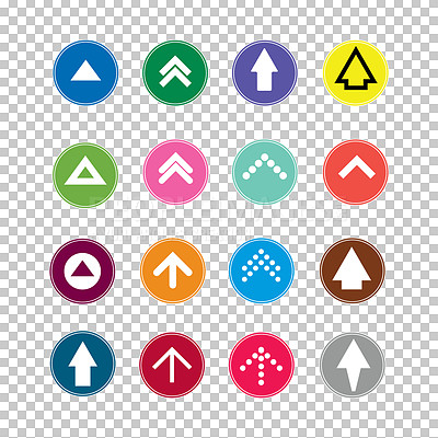 Buy stock photo Arrow, icon and colorful sign with direction, graphic or vector of symbol, logo or collection on a transparent PNG background. Isolated illustration with set of pointing shape for design or alert