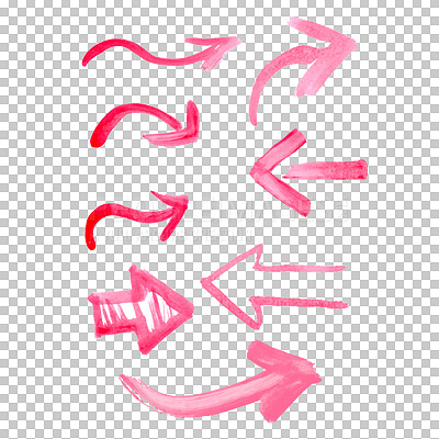 Buy stock photo Arrow, icon and pink sign with vector for direction, graphic or logo of symbol collection on a transparent PNG background. Isolated illustration of set or color design for help, alert or notification