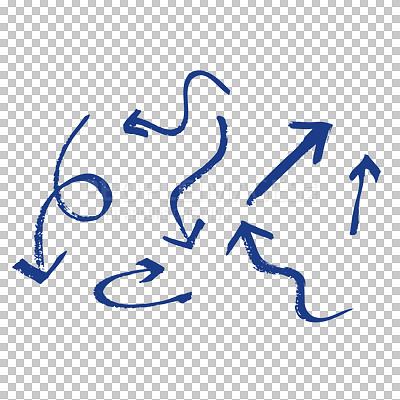 Buy stock photo Arrow, doodle and blue icon with direction, graphic or vector of symbol or collection on a transparent PNG background. Isolated illustration with pointing lines or sticker for loop, sign or signal