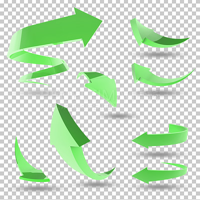 Buy stock photo Green arrow, icon and sign or graphic for app or 3d website design isolated on a transparent, PNG background. Logo for emoji notification, direction and illustration of sustainability or eco friendly