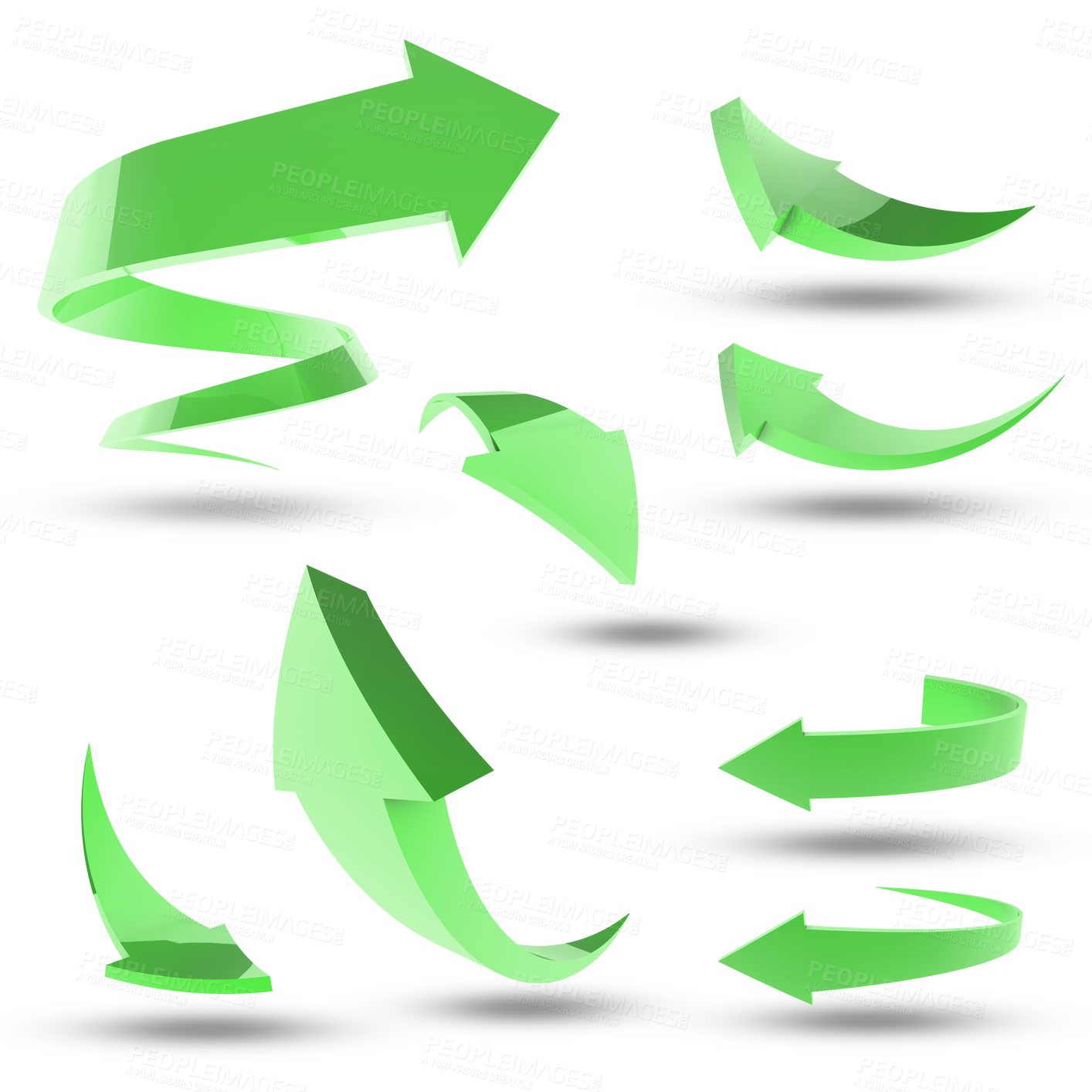 Buy stock photo Green arrow, icon and sign or graphic for app or 3d website design isolated on a transparent, PNG background. Logo for emoji notification, direction and illustration of sustainability or eco friendly